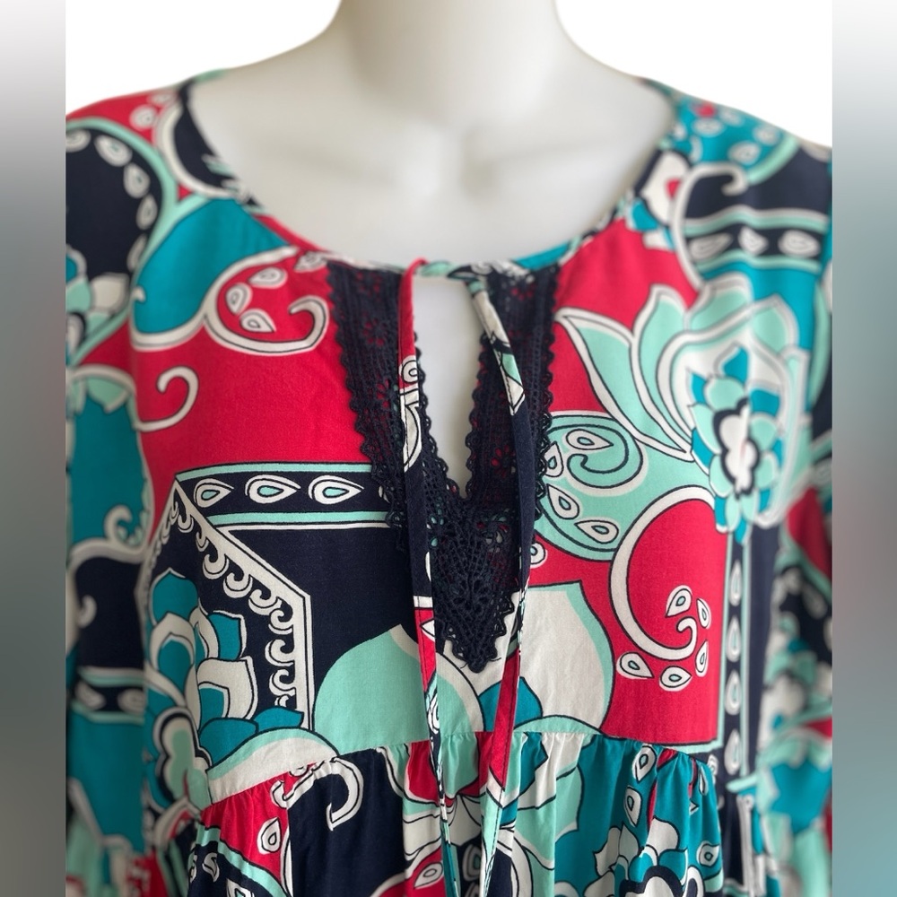 Crown & Ivy Multi Colorful Empire Waist Mini Dress Back Cutouts Woman's Medium - Picture 3 of 4